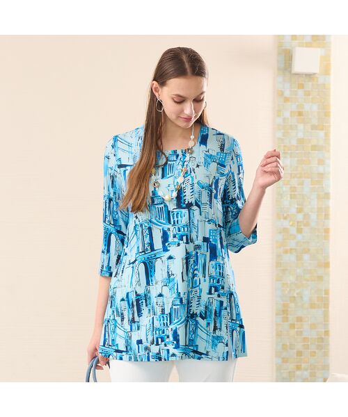 Liliane Burty(Lサイズ)/リリアンビューティ フランス製素材シティプリント スクエアネックTシャツ ブルー 4L Liliane Burty(Lサイズ)/リリアンビューティ フランス製素材シティプリント スクエアネックTシャツ ブルー 4L