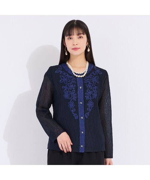 Liliane Burty(Lサイズ)/リリアンビューティ 【アンサンブル対応】ウォッシャブルプリーツ ノーカラージャケット ダークブルー 3L Liliane Burty(Lサイズ)/リリアンビューティ 【アンサンブル対応】ウォッシャブルプリーツ ノーカラージャケット ダークブルー 3L