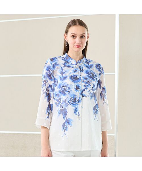 Selection】海島綿カットジャカード フラワープリントブラウス  