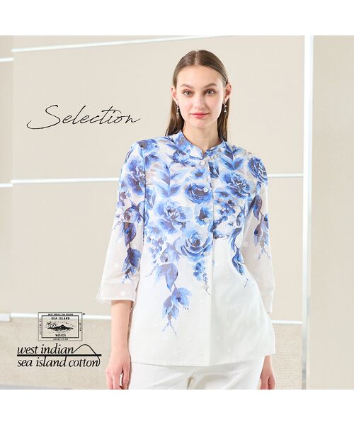 Liliane Burty(Lサイズ)/リリアンビューティ 【Selection】海島綿カットジャカード フラワープリントブラウス ブルー 11 Liliane Burty(Lサイズ)/リリアンビューティ 【Selection】海島綿カットジャカード フラワープリントブラウス ブルー 11