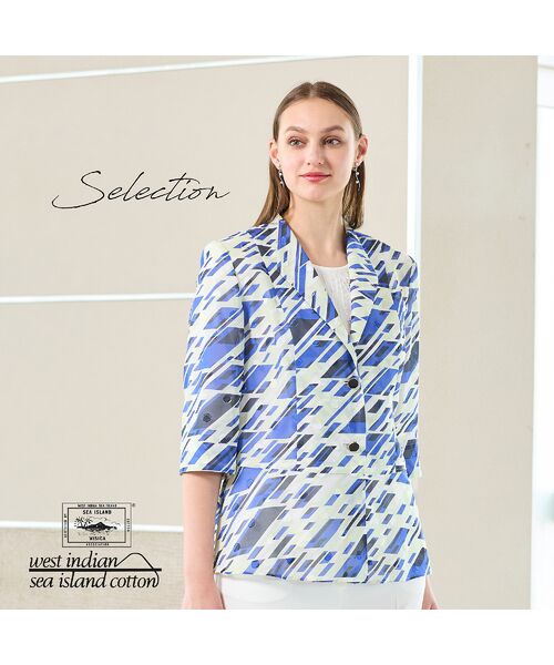 Liliane Burty(Lサイズ)/リリアンビューティ 【Selection】海島綿カットジャカード 幾何プリントジャケット ブルー 11 Liliane Burty(Lサイズ)/リリアンビューティ 【Selection】海島綿カットジャカード 幾何プリントジャケット ブルー 11