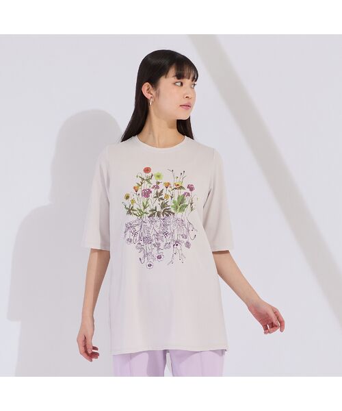 Liliane Burty(Lサイズ)/リリアンビューティ フラワープリント×刺繍Tシャツ グレー 4L Liliane Burty(Lサイズ)/リリアンビューティ フラワープリント×刺繍Tシャツ グレー 4L