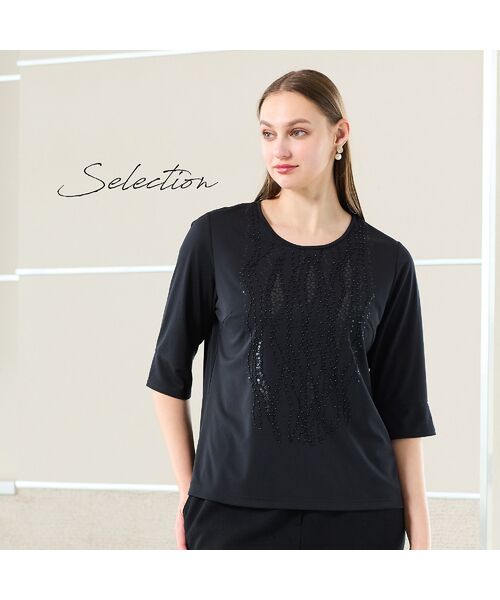 Liliane Burty(Lサイズ)/リリアンビューティ 【Selection】スパンコールビーズ 刺繍Tシャツ ブラック 3L Liliane Burty(Lサイズ)/リリアンビューティ 【Selection】スパンコールビーズ 刺繍Tシャツ ブラック 3L