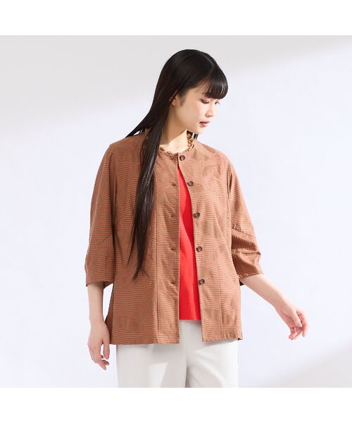 Liliane Burty(Lサイズ) / リリアンビューティ シャツ・ブラウス | 【M~4L】ウォッシャブルタックボーダージャカードブラウス(ブラウン)