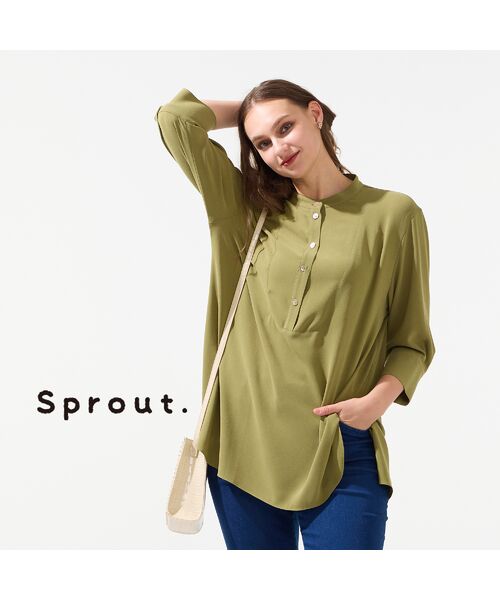 Liliane Burty(Lサイズ) / リリアンビューティ シャツ・ブラウス | 【M~4L】ウォッシャブルバンドカラーブラウス(グリーン)