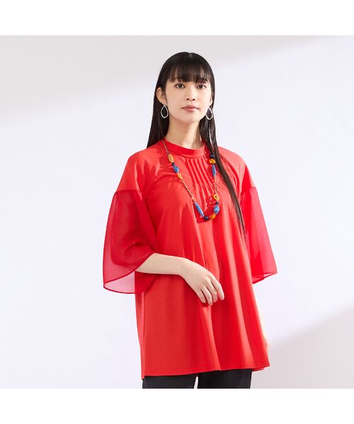 Liliane Burty(Lサイズ) / リリアンビューティ カットソー | 【M~4L】ウォッシャブル接触冷感配色Tシャツ(レッド)