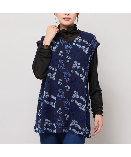 Liliane Burty(Lサイズ) / リリアンビューティ ベスト | 【M~4L】米沢織フラワーカットジャカードベスト(ダークブルー)