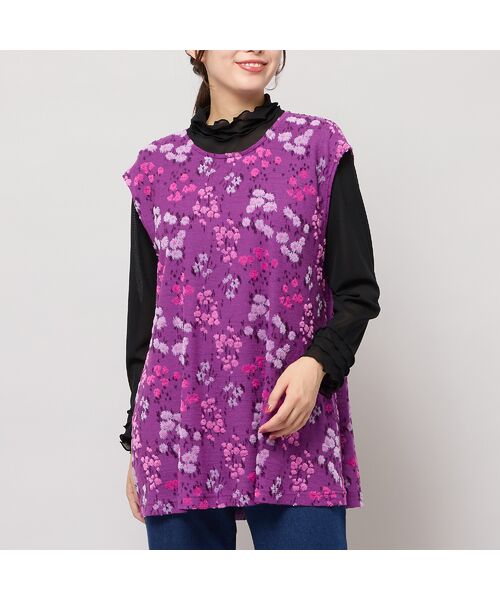 Liliane Burty(Lサイズ) / リリアンビューティ ベスト | 【M~4L】米沢織フラワーカットジャカードベスト(バイオレット)