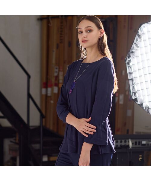 Liliane Burty(Lサイズ) / リリアンビューティ カットソー | 【M~4L】ウォッシャブルリンクスジャカードTシャツ(ダークブルー)