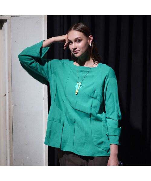 Liliane Burty(Lサイズ) / リリアンビューティ カットソー | 【M~4L】ウォッシャブルリンクスジャカードTシャツ(グリーン)