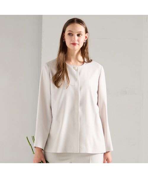 Liliane Burty（Lサイズ） / リリアンビューティ ノーカラージャケット | 【M～4L/セットアップ対応】ストライプノーカラージャケット | 詳細1