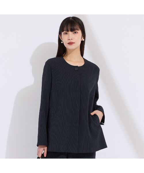 Liliane Burty(Lサイズ)/リリアンビューティ 【M~4L/セットアップ対応】ストライプノーカラージャケット ダークブルー 4L Liliane Burty(Lサイズ)/リリアンビューティ 【M~4L/セットアップ対応】ストライプノーカラージャケット ダークブルー 4L