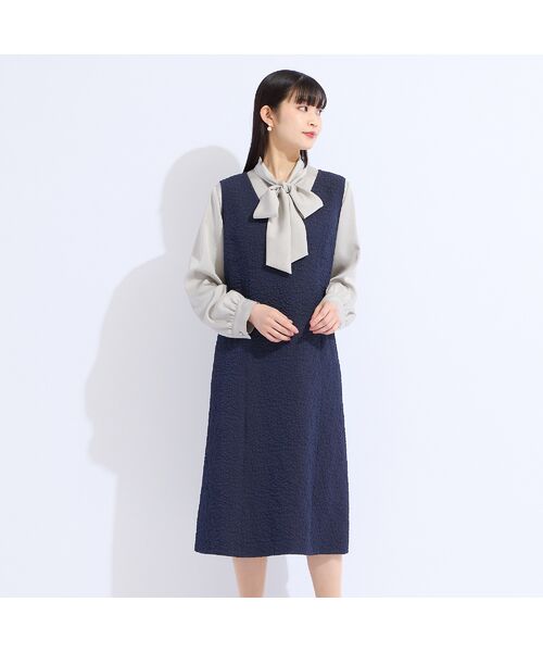 Liliane Burty(Lサイズ) / リリアンビューティ ミニ丈・ひざ丈ワンピース | 【M~4L/セットアップ対応】米沢織ふくれジャカードワンピース(ダークブルー)