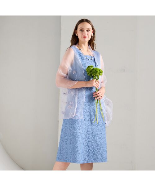 Liliane Burty(Lサイズ) / リリアンビューティ ミニ丈・ひざ丈ワンピース | 【M~4L/セットアップ対応】米沢織ふくれジャカードワンピース(ブルー)