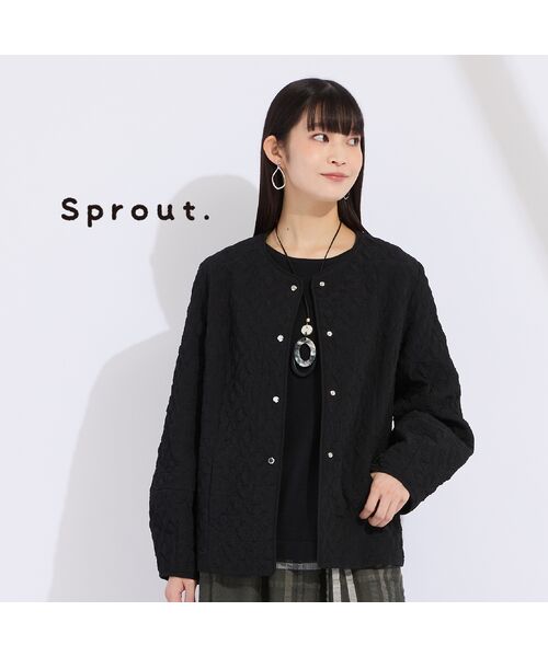 Liliane Burty(Lサイズ) / リリアンビューティ ノーカラージャケット | 【L~4L】フラワージャカード中綿ジャケット(ブラック)