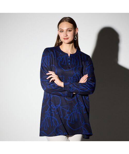 Liliane Burty(Lサイズ) / リリアンビューティ カットソー | 【M~4L】裏起毛ジャカードチュニック(ブルー)