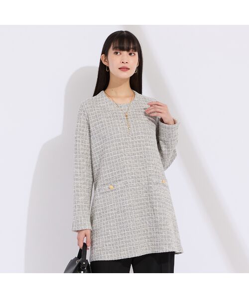 Liliane Burty(Lサイズ) / リリアンビューティ カットソー | 【M~4L】イタリア製素材ラメニットツイードチュニック(グレー)