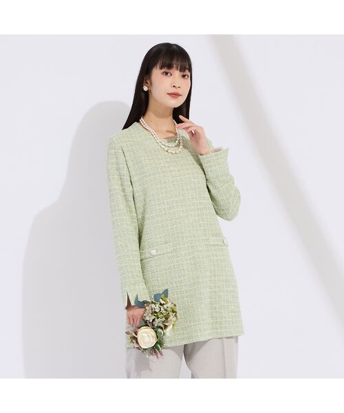 Liliane Burty(Lサイズ) / リリアンビューティ カットソー | 【M~4L】イタリア製素材ラメニットツイードチュニック(グリーン)