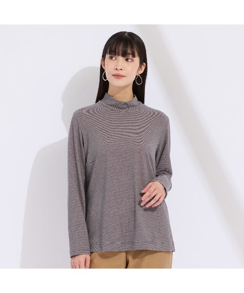 Liliane Burty（Lサイズ） / リリアンビューティ カットソー | 【M～4L】吸湿発熱ハイネックボーダーＴシャツ（ピンク）