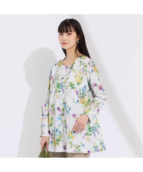 Liliane Burty（Lサイズ） / リリアンビューティ カットソー | 【M～4L】フラワープリントチュニック（ベージュ）