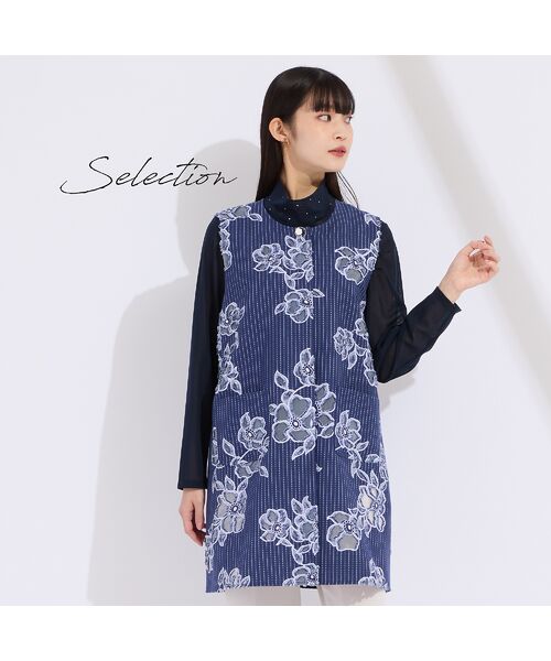 Liliane Burty（Lサイズ） / リリアンビューティ ベスト | 【11～17号】フランス製素材ジャカードノーカラーベスト（ダークブルー）