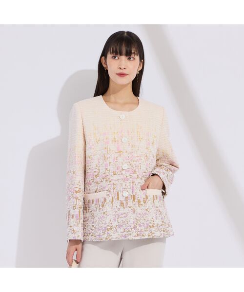 Liliane Burty（Lサイズ） / リリアンビューティ ノーカラージャケット | 【11～17号】フランス製素材ジャカードノーカラージャケット | 詳細1