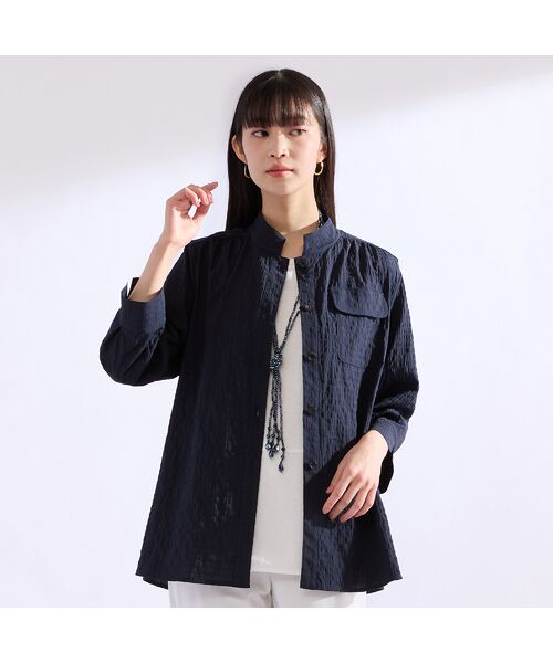 Liliane Burty(Lサイズ) / リリアンビューティ シャツ・ブラウス | 【M~4L】バンドカラーサッカーチェックブラウス(ダークブルー)