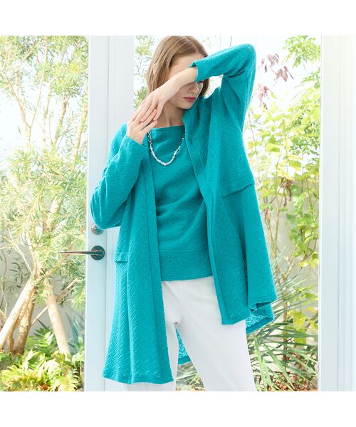 Liliane Burty(Lサイズ) / リリアンビューティ カーディガン・ボレロ | 【M~4L/アンサンブル可】イタリア製素材ヘリンボーンカーディガン(ブルー)