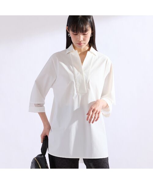 Liliane Burty（Lサイズ） / リリアンビューティ シャツ・ブラウス | 【M～4L】はっ水・接触冷感スキッパーブラウス（ホワイト）