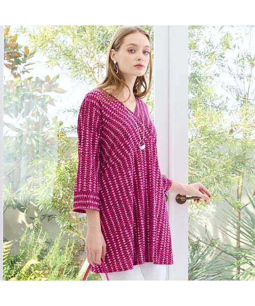 Liliane Burty（Lサイズ） / リリアンビューティ カットソー | 【M～4L】ストライププリントTシャツ（ピンク）