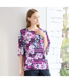 【M～4L】フラワーボーダーTシャツ