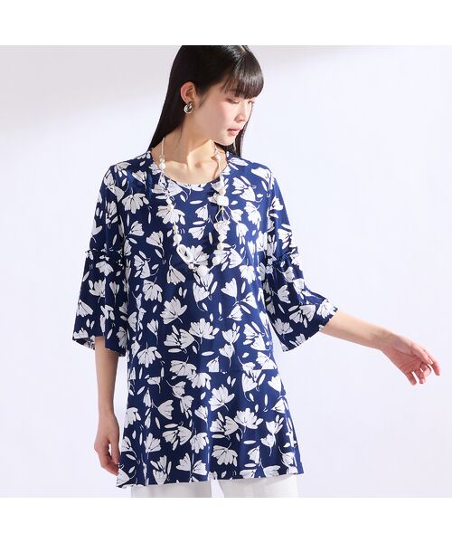 Liliane Burty(Lサイズ) / リリアンビューティ カットソー | 【M~4L】イタリア製素材発泡プリントTシャツ(ダークブルー)