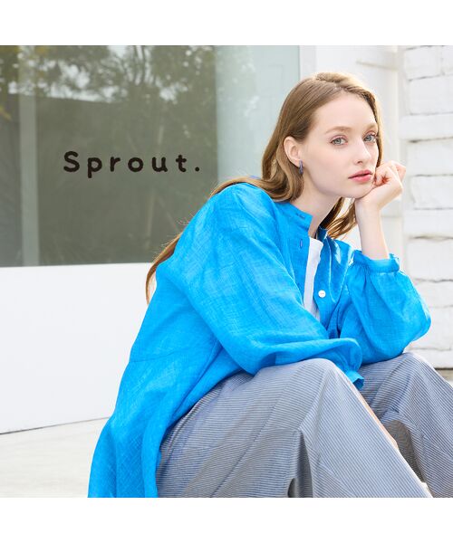Liliane Burty（Lサイズ） / リリアンビューティ シャツ・ブラウス | 【Sprout./L～4L対応】麻混バンドカラーブラウス（ブルー）