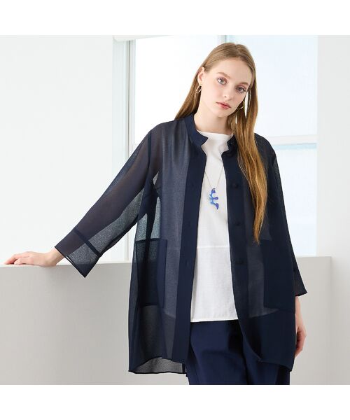 Liliane Burty（Lサイズ） / リリアンビューティ シャツ・ブラウス | 【M～4L】梨地ジョーゼットバックプリーツブラウス（ダークブルー）