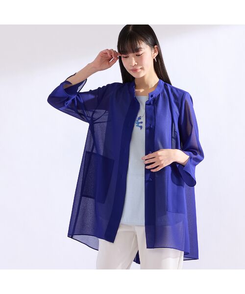 Liliane Burty（Lサイズ） / リリアンビューティ シャツ・ブラウス | 【M～4L】梨地ジョーゼットバックプリーツブラウス（ブルー）