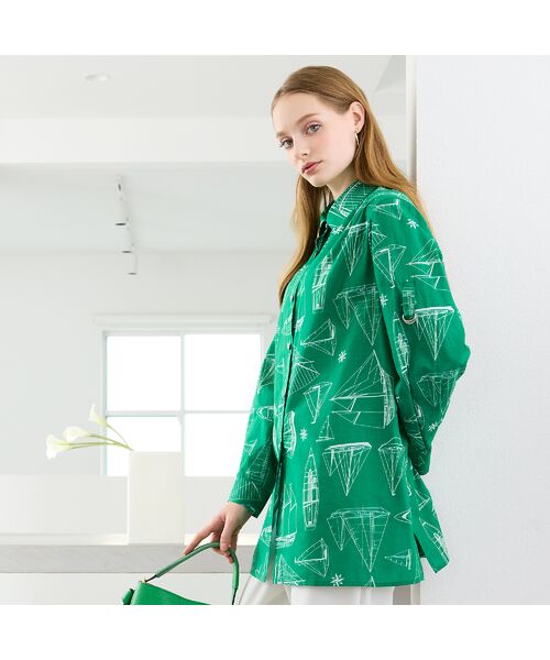 Liliane Burty（Lサイズ） / リリアンビューティ シャツ・ブラウス | 【M～4L】マリンプリントブラウス（グリーン）