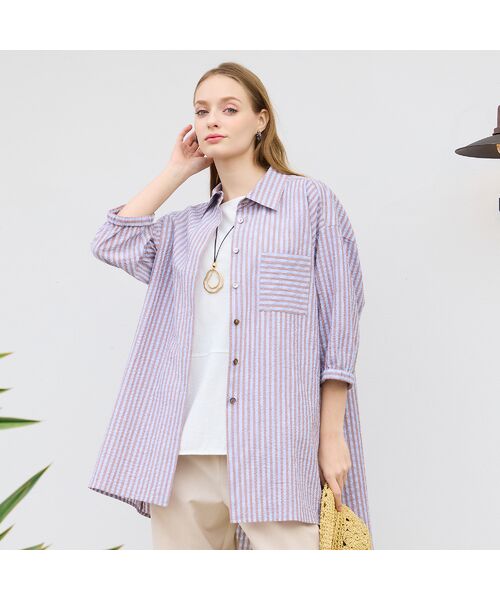 Liliane Burty（Lサイズ） / リリアンビューティ シャツ・ブラウス | 【L～4L対応】サッカーストライプブラウス | 詳細1