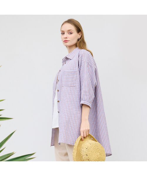 Liliane Burty（Lサイズ） / リリアンビューティ シャツ・ブラウス | 【L～4L対応】サッカーストライプブラウス | 詳細2