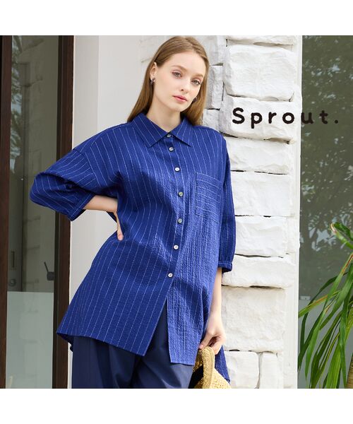 Liliane Burty（Lサイズ） / リリアンビューティ シャツ・ブラウス | 【L～4L対応】サッカーストライプブラウス（ダークブルー）