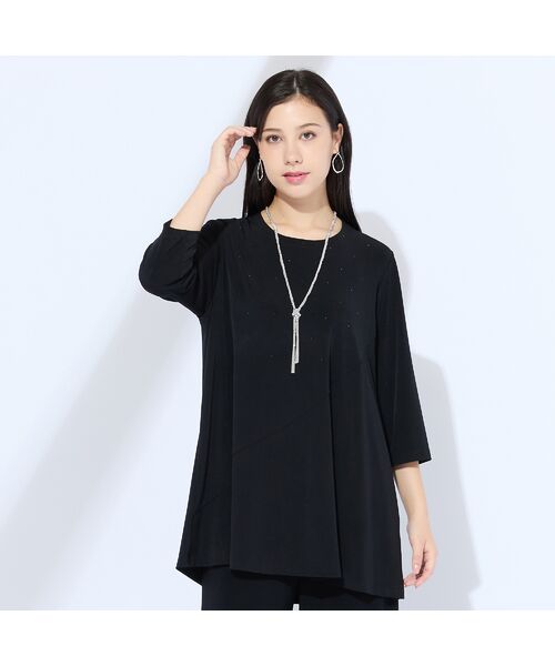 Liliane Burty(Lサイズ) / リリアンビューティ カットソー | 【M~4L/セットアップ可】ドレープカットソーラインストーンTシャツ(ブラック)