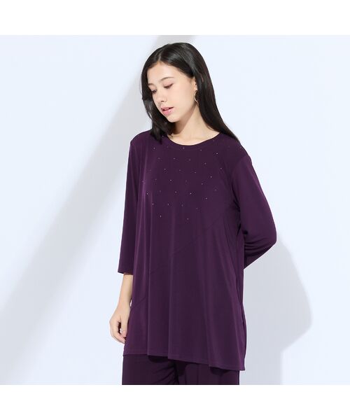 Liliane Burty(Lサイズ) / リリアンビューティ カットソー | 【M~4L/セットアップ可】ドレープカットソーラインストーンTシャツ(バイオレット)