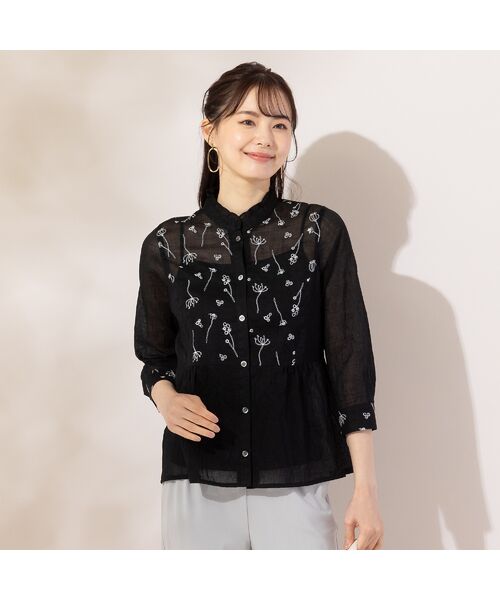 美品　Sacully 刺繍　ウエストシャツ　ブラウス　ビジュー セール】 【S・Mサイズ】綿麻ワッシャー刺繍 ブラウス （シャツ