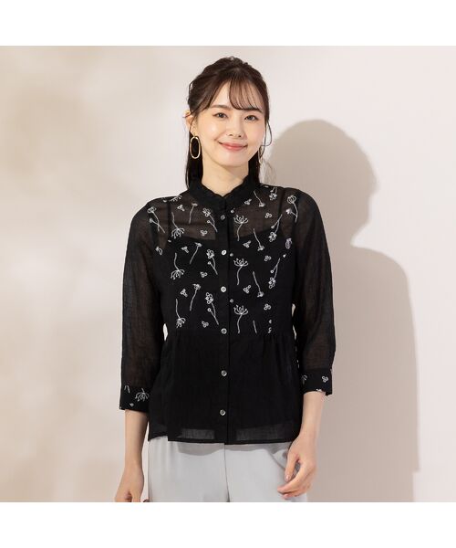Liliane Burty ECLAT(Sサイズ)/リリアンビューティ エクラ 【S・Mサイズ】綿麻ワッシャー刺繍 ブラウス ブラック M Liliane Burty ECLAT(Sサイズ)/リリアンビューティ エクラ 【S・Mサイズ】綿麻ワッシャー刺繍 ブラウス ブラック M