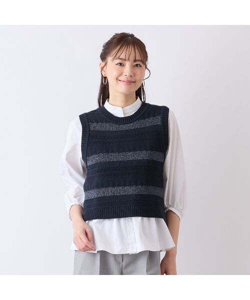 Liliane Burty ECLAT(Sサイズ)/リリアンビューティ エクラ 【S・Mサイズ】ラメボーダーニットベスト ダークブルー M Liliane Burty ECLAT(Sサイズ)/リリアンビューティ エクラ 【S・Mサイズ】ラメボーダーニットベスト ダークブルー M