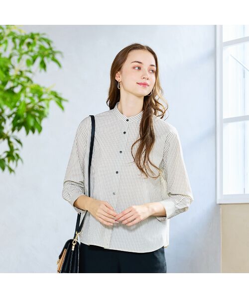 Liliane Burty ECLAT（Sサイズ） / リリアンビューティ エクラ シャツ・ブラウス | 【S・Mサイズ】FABRICA　綿ストライプバンドカラーブラウス | 詳細1