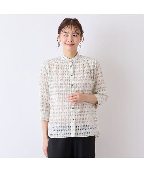 Liliane Burty ECLAT(Sサイズ)/リリアンビューティ エクラ 【S・Mサイズ】シースルーチェック バンドカラーブラウス オフ S Liliane Burty ECLAT(Sサイズ)/リリアンビューティ エクラ 【S・Mサイズ】シースルーチェック バンドカラーブラウス オフ S