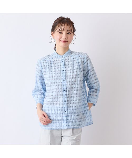 Liliane Burty ECLAT(Sサイズ)/リリアンビューティ エクラ 【S・Mサイズ】シースルーチェック バンドカラーブラウス ライトブルー S Liliane Burty ECLAT(Sサイズ)/リリアンビューティ エクラ 【S・Mサイズ】シースルーチェック バンドカラーブラウス ライトブルー S