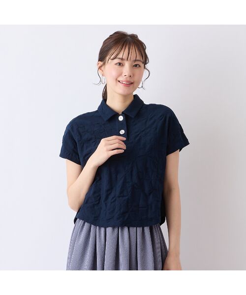 Liliane Burty ECLAT(Sサイズ)/リリアンビューティ エクラ 【S・Mサイズ】ウォッシャブル綿ジャカードTシャツ ダークブルー M Liliane Burty ECLAT(Sサイズ)/リリアンビューティ エクラ 【S・Mサイズ】ウォッシャブル綿ジャカードTシャツ ダークブルー M