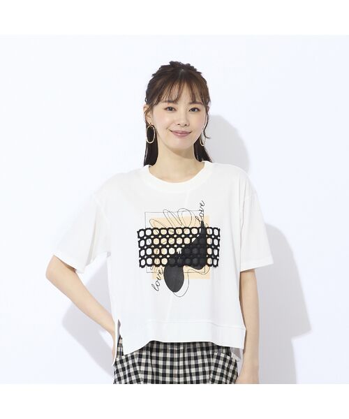 Liliane Burty ECLAT(Sサイズ)/リリアンビューティ エクラ 【S・Mサイズ】プリント+レースデザインTシャツ オフ S Liliane Burty ECLAT(Sサイズ)/リリアンビューティ エクラ 【S・Mサイズ】プリント+レースデザインTシャツ オフ S