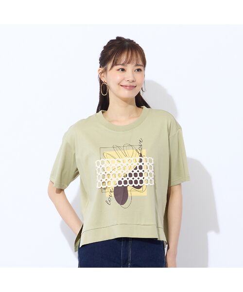 Liliane Burty ECLAT(Sサイズ)/リリアンビューティ エクラ 【S・Mサイズ】プリント+レースデザインTシャツ カーキ S Liliane Burty ECLAT(Sサイズ)/リリアンビューティ エクラ 【S・Mサイズ】プリント+レースデザインTシャツ カーキ S